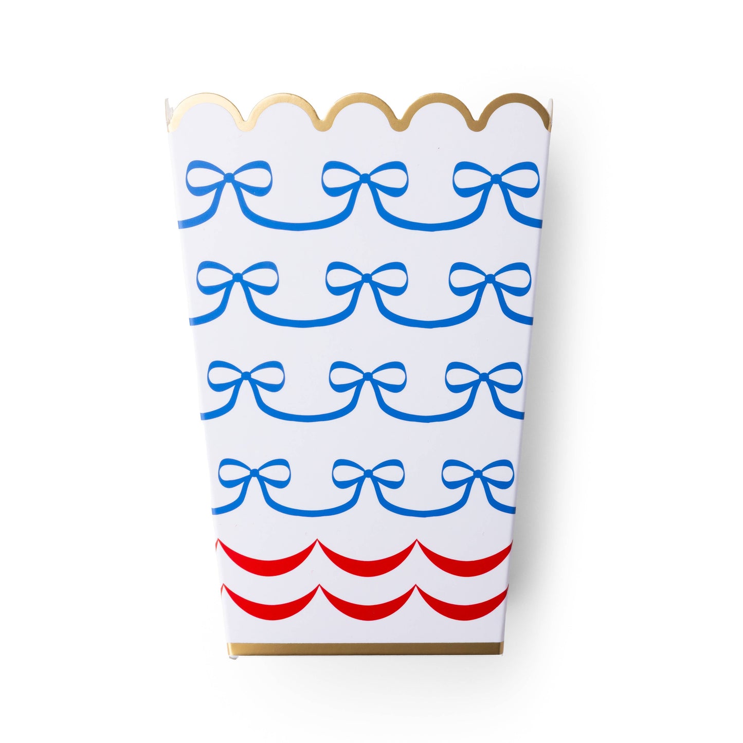 Bonjour Fête 4th of July bow flag popcorn boxes with red, blue, and white patriotic design for festive celebrations.