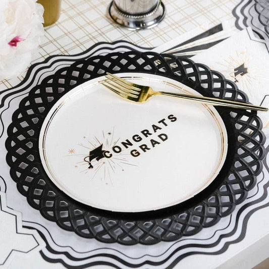 Black Basketweave Dinner Paper Plates from Gatherings by Curated Paperie with a textured basketweave pattern on the surface.