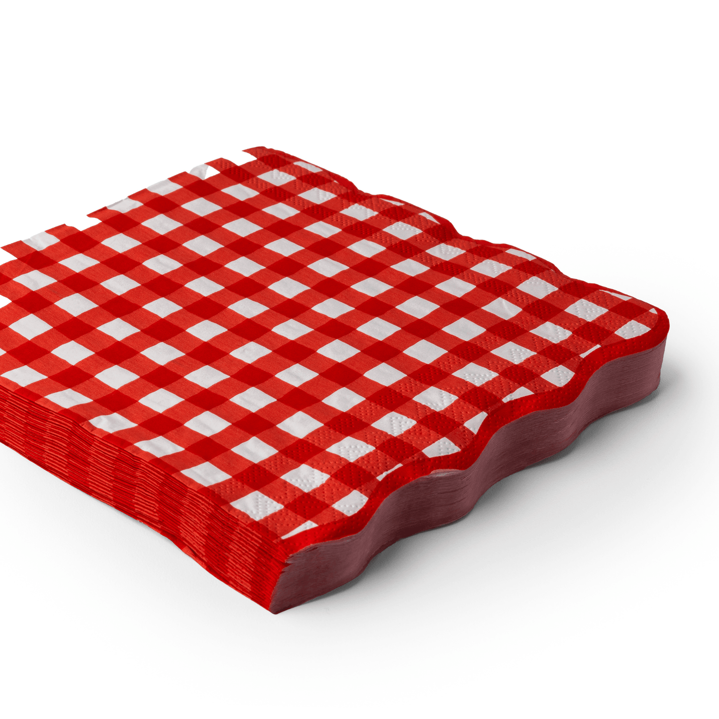 Cherry red gingham large lunch napkins by Bonjour Fête, 20-pack, showing folded napkins with a classic red and white checkered pattern.