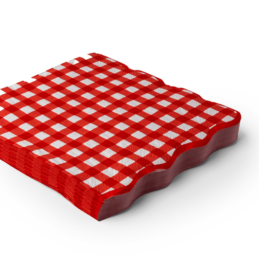 Cherry red gingham large lunch napkins by Bonjour FĂȘte, 20-pack, showing folded napkins with a classic red and white checkered pattern.