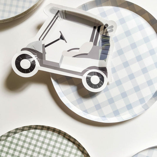 Set of 12 baby blue plaid plates by Josi James, featuring stylish premium design for parties and gatherings.