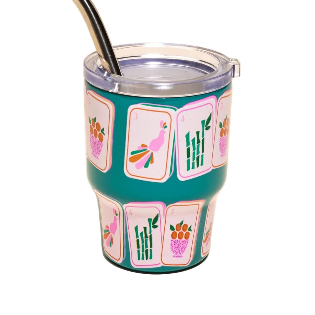 Two-ounce Tiny Tumbler featuring mahjong tiles from The Darling Effect, compact glass drinkware with decorative tile design.