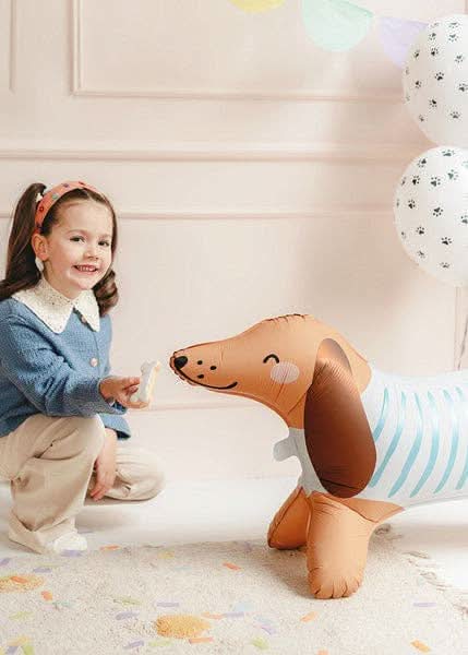 Dachshund standing foil balloon from Ellie's Party Supply, 35x22.8 inches, with a cute brown and tan dog design.