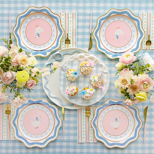 Set of 8 8-inch Goose Dessert Plates by Bonjour FĂȘte featuring charming goose illustrations for Easter or spring celebrations.