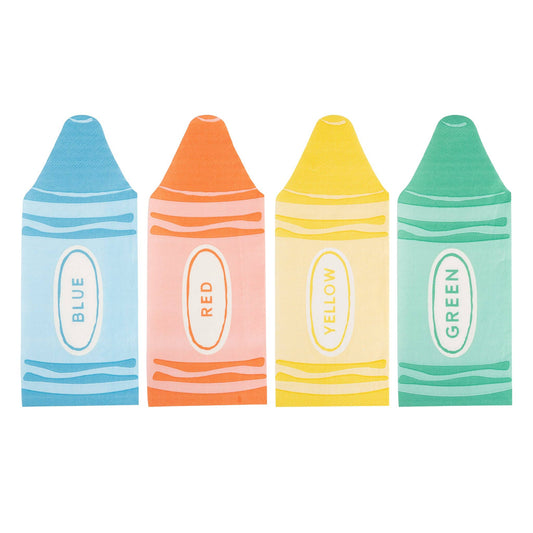 Set of 24 crayon-shaped dinner napkins from My Mind’s Eye, featuring colorful crayon designs and playful stationery style.