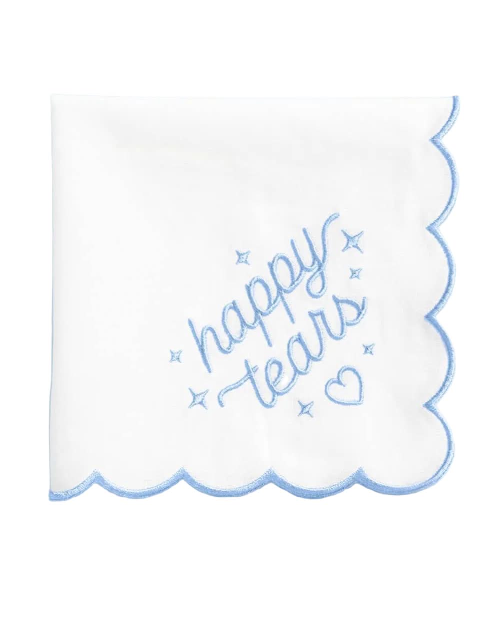 Embroidered Happy Tears handkerchief by xo, Fetti with delicate floral embroidery and soft fabric, shown flat on a white background.