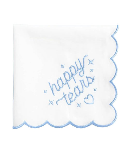 Embroidered Happy Tears handkerchief by xo, Fetti with delicate floral embroidery and soft fabric, shown flat on a white background.