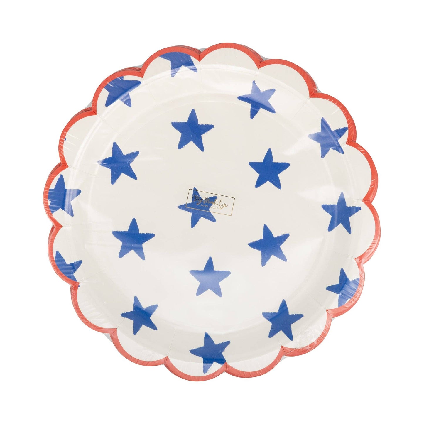 Blue Stars paper plate by My Mind’s Eye, 9-inch size with a vibrant star pattern on white background.