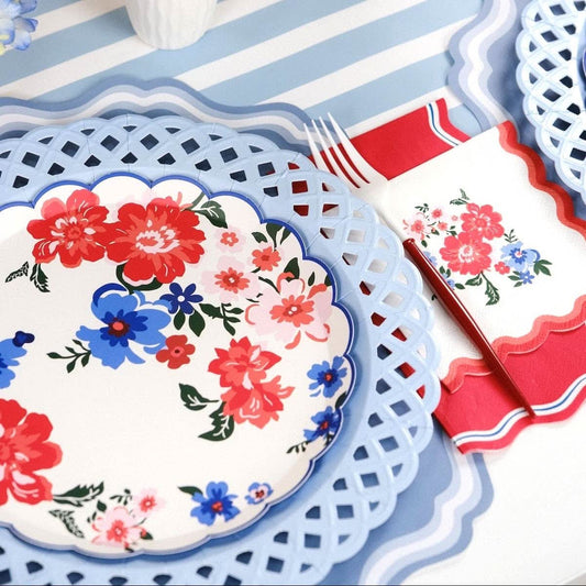 Light Blue Basketweave Dinner Paper Plates - Porcupine Paper Co.