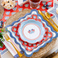 Red floral paper plate with block pattern, 9-inch size by My Mind’s Eye, featuring vibrant flower designs on white background.