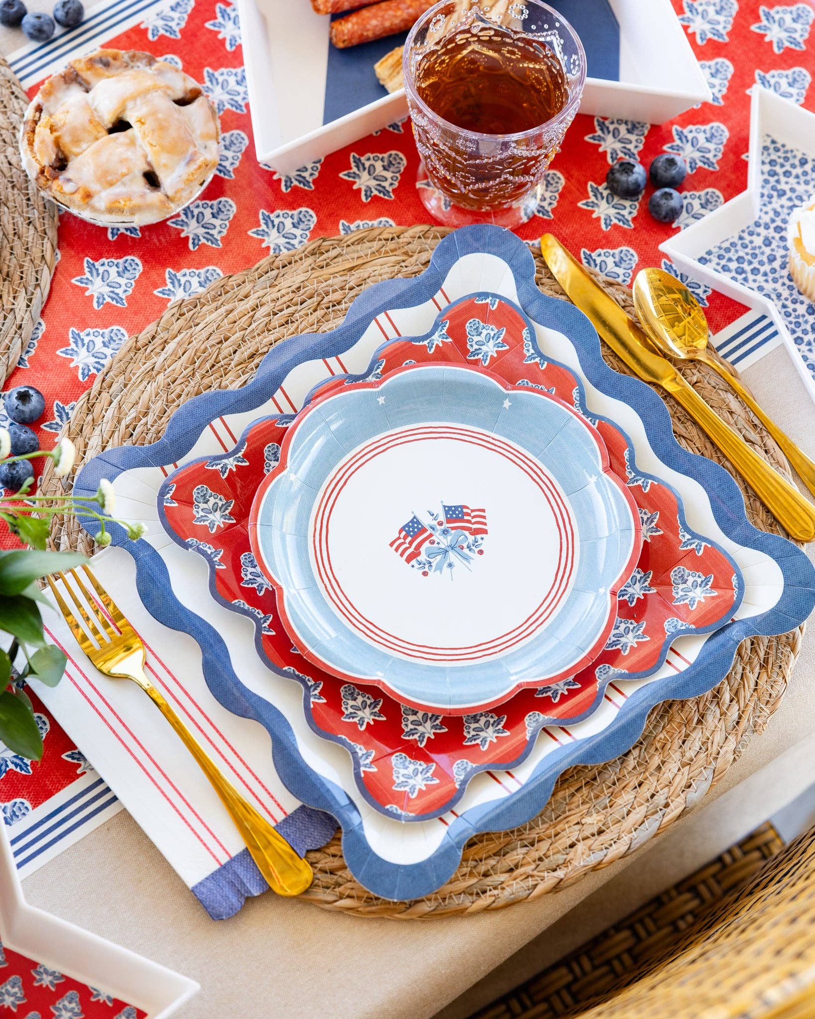 Red floral paper plate with block pattern, 9-inch size by My Mind’s Eye, featuring vibrant flower designs on white background.