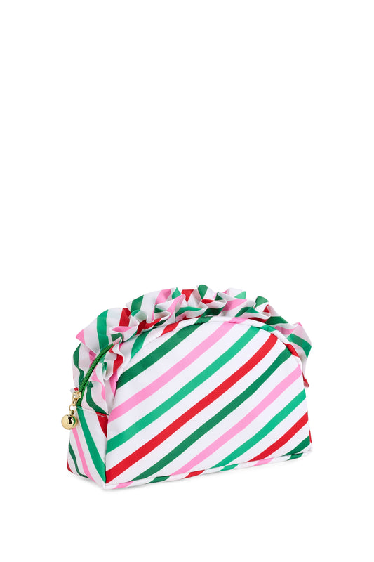 Large Shiraleah Candy Stripes Ruffle Zip Pouch with colorful multi-striped pattern and ruffled edges on a white background.