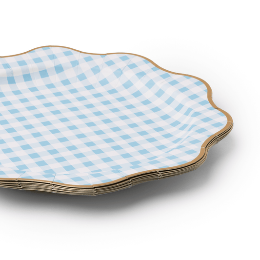 Sky Blue Gingham Dinner Plates with Gold Foil Rim | 8 Count - Porcupine Paper Co.