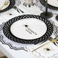 Black Basketweave Dinner Paper Plates by Gatherings by Curated Paperie, featuring a textured basketweave pattern on sturdy paper plates.