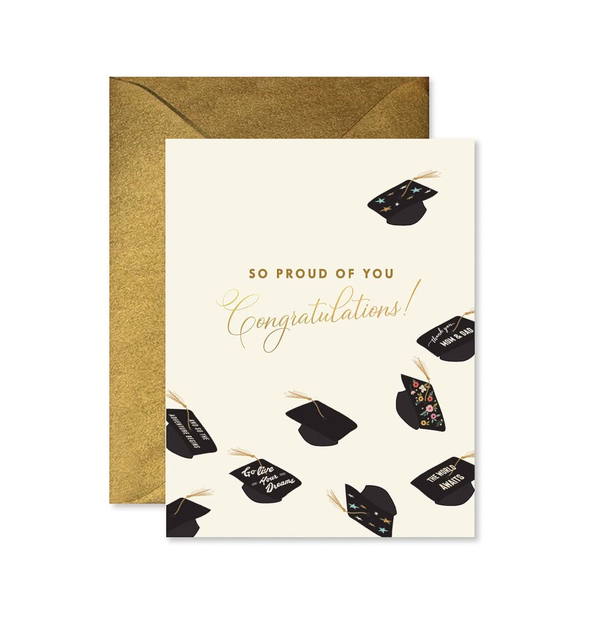 Flying Hats Graduation Greeting Card by Ginger P. Designs featuring colorful flying hats and celebratory imagery for graduates