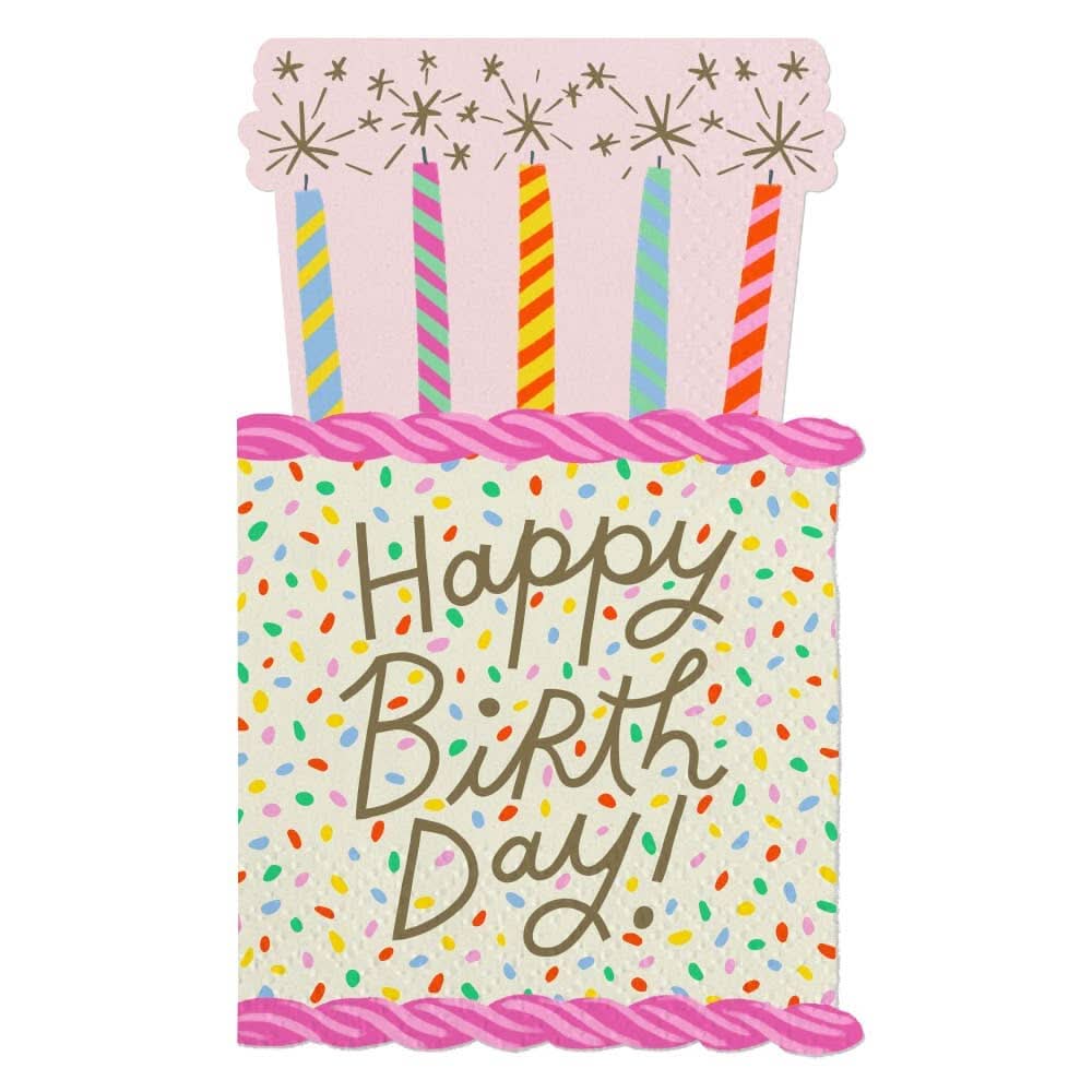 Happy birthday cake-themed cocktail napkins by soiree-sisters, featuring colorful die-cut designs, set of 16 for celebrations.