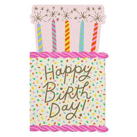 Happy birthday cake-themed cocktail napkins by soiree-sisters, featuring colorful die-cut designs, set of 16 for celebrations.