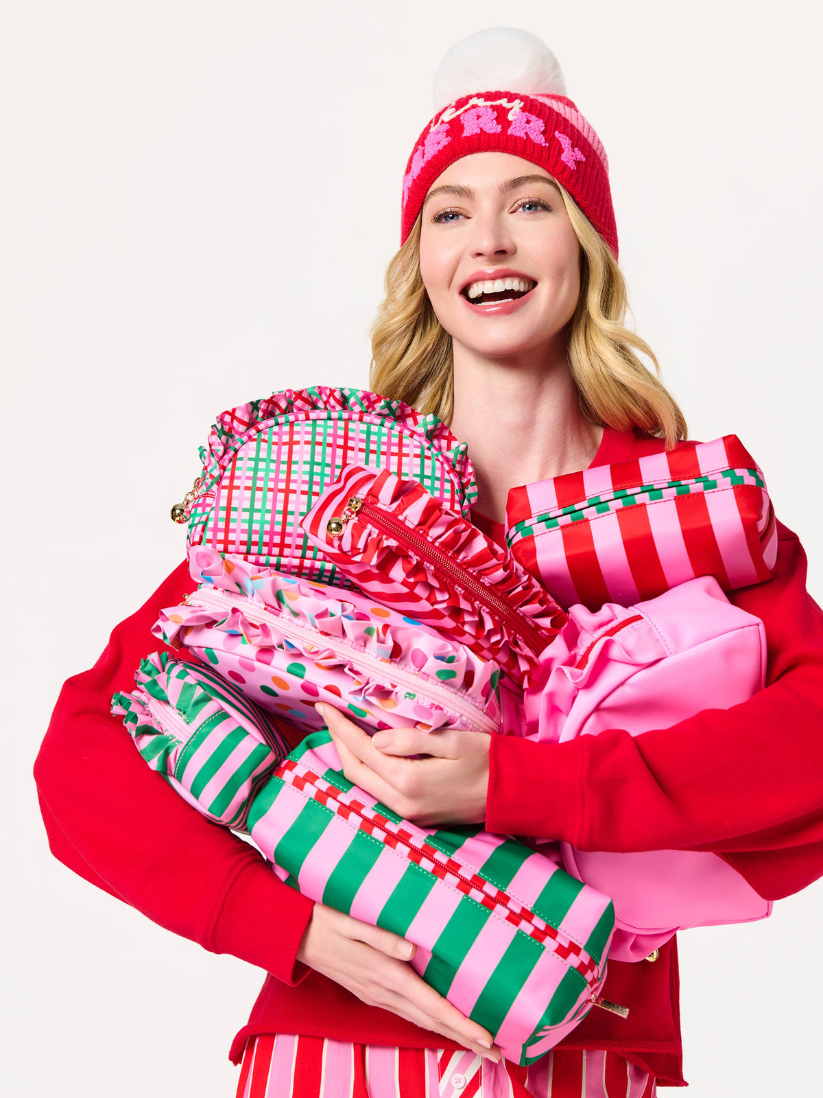 Pink Holly Stripe cosmetic pouch by Shiraleah with a stylish striped design and zipper closure.