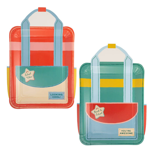 Set of eight 10-inch backpack-shaped plates by My Mind’s Eye, featuring colorful backpack designs for fun dining.