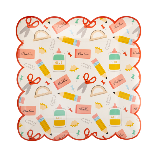 Set of 8 Occasions School Icons Plates by My Mind’s Eye featuring colorful educational and school-themed designs on round paper plates.