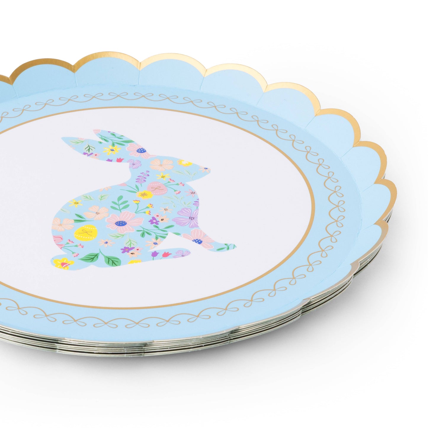 Set of 8 Easter Bunny floral dessert plates by Bonjour Fête, 8.5-inch size with colorful bunny and floral design.
