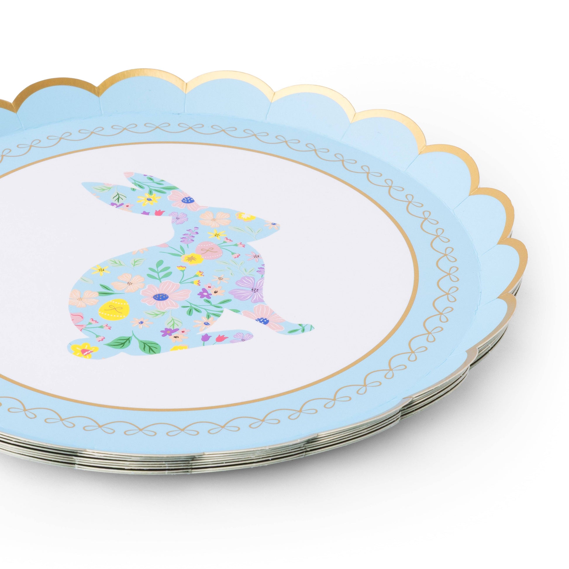 Set of 8 Easter Bunny floral dessert plates by Bonjour Fête, 8.5-inch size with colorful bunny and floral design.