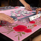 Pink rose-themed Mahjong mat by Hutch and Nook with intricate floral design, ideal for traditional Mahjong gameplay.