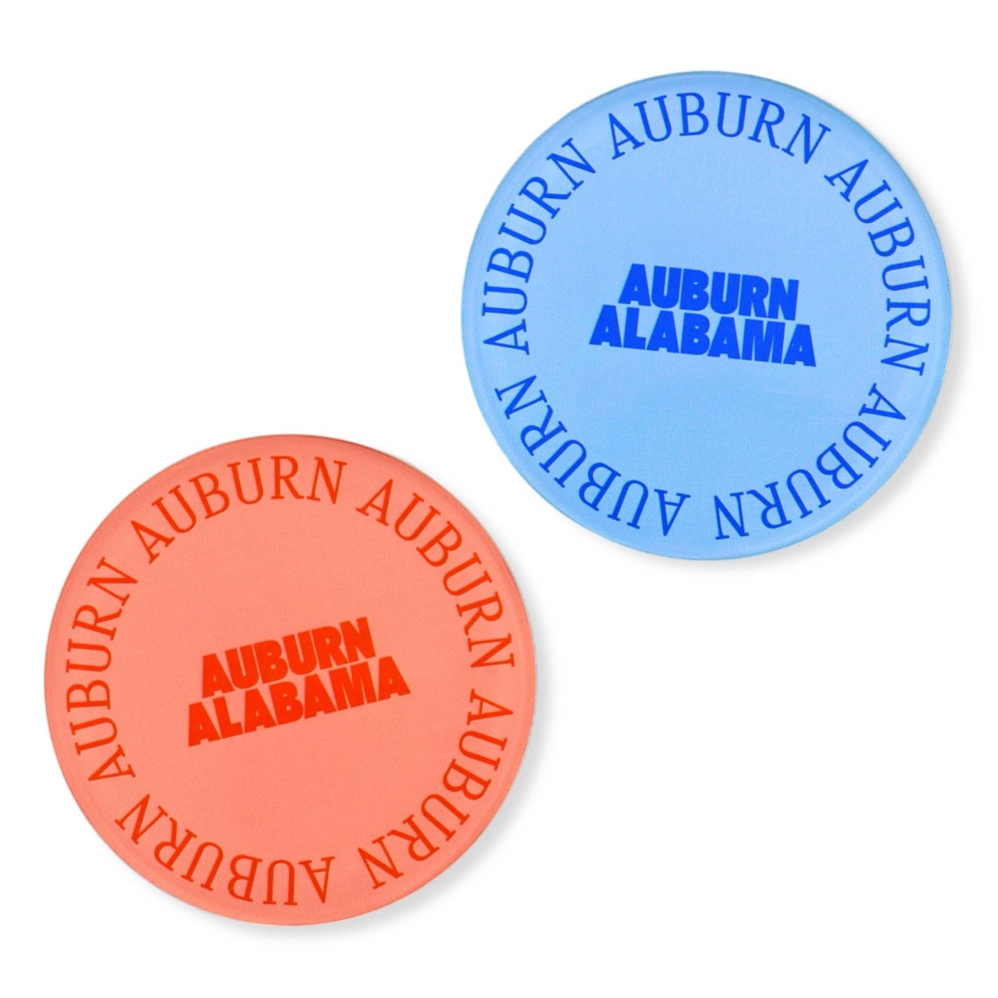 Acrylic coaster featuring Auburn Alabama logo in red and navy, with a clear protective edge, by MadHouse.