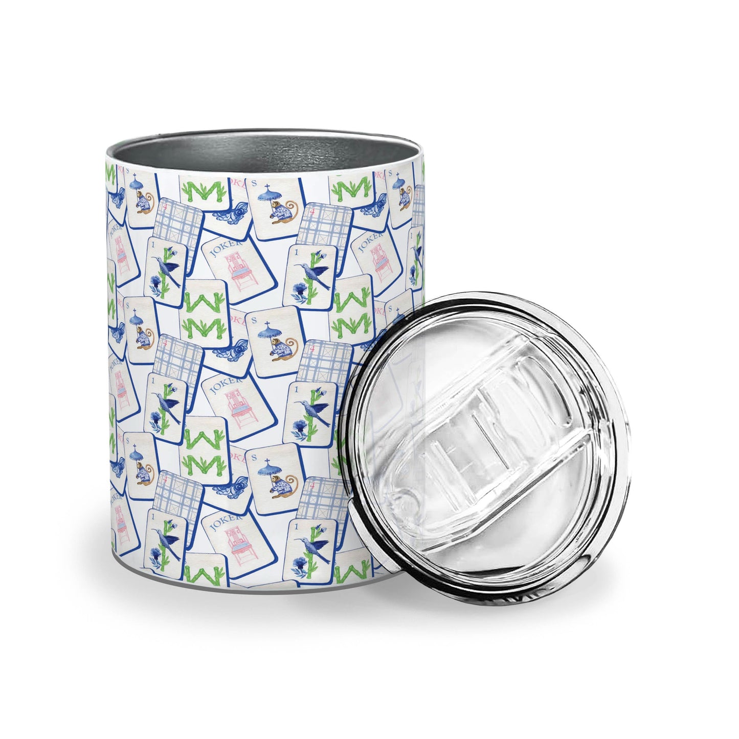 Toss Designs insulated Mahjong Repeat tumbler with colorful game tile pattern and stainless steel body for hot and cold drinks