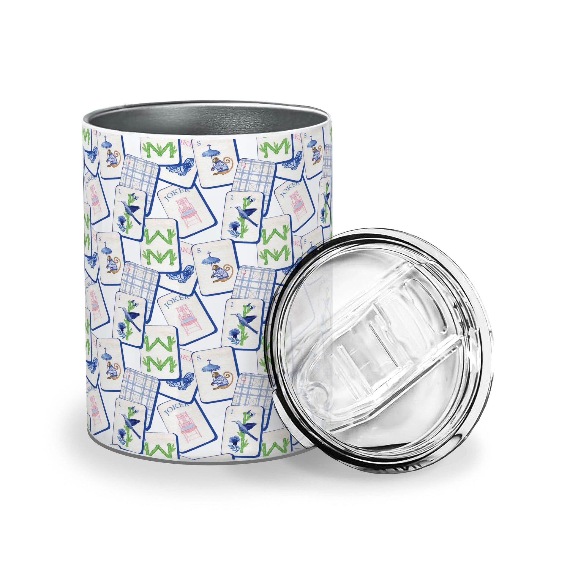 Toss Designs insulated Mahjong Repeat tumbler with colorful game tile pattern and stainless steel body for hot and cold drinks