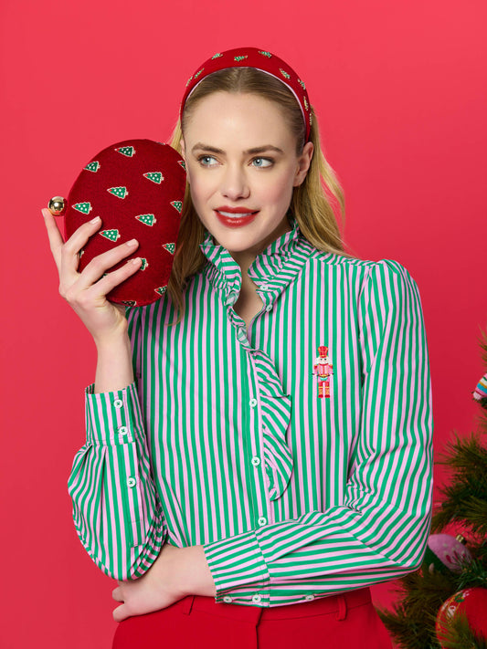 Shiraleah Trees Minaudière in crimson with a floral tree design, featuring a metallic clasp and compact rectangular shape.
