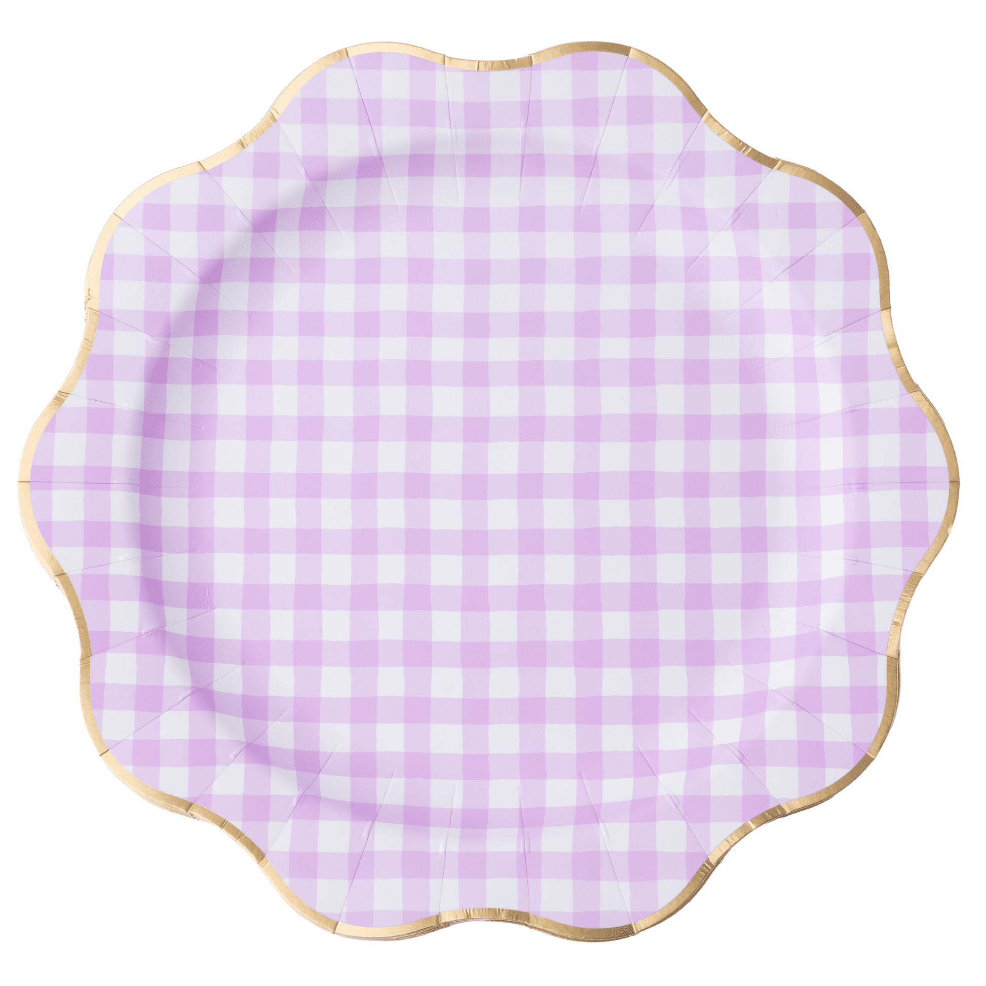 Set of 8 lilac gingham dinner plates, 10.75 inches, by Bonjour Fête, featuring a classic checkered pattern for table setting.