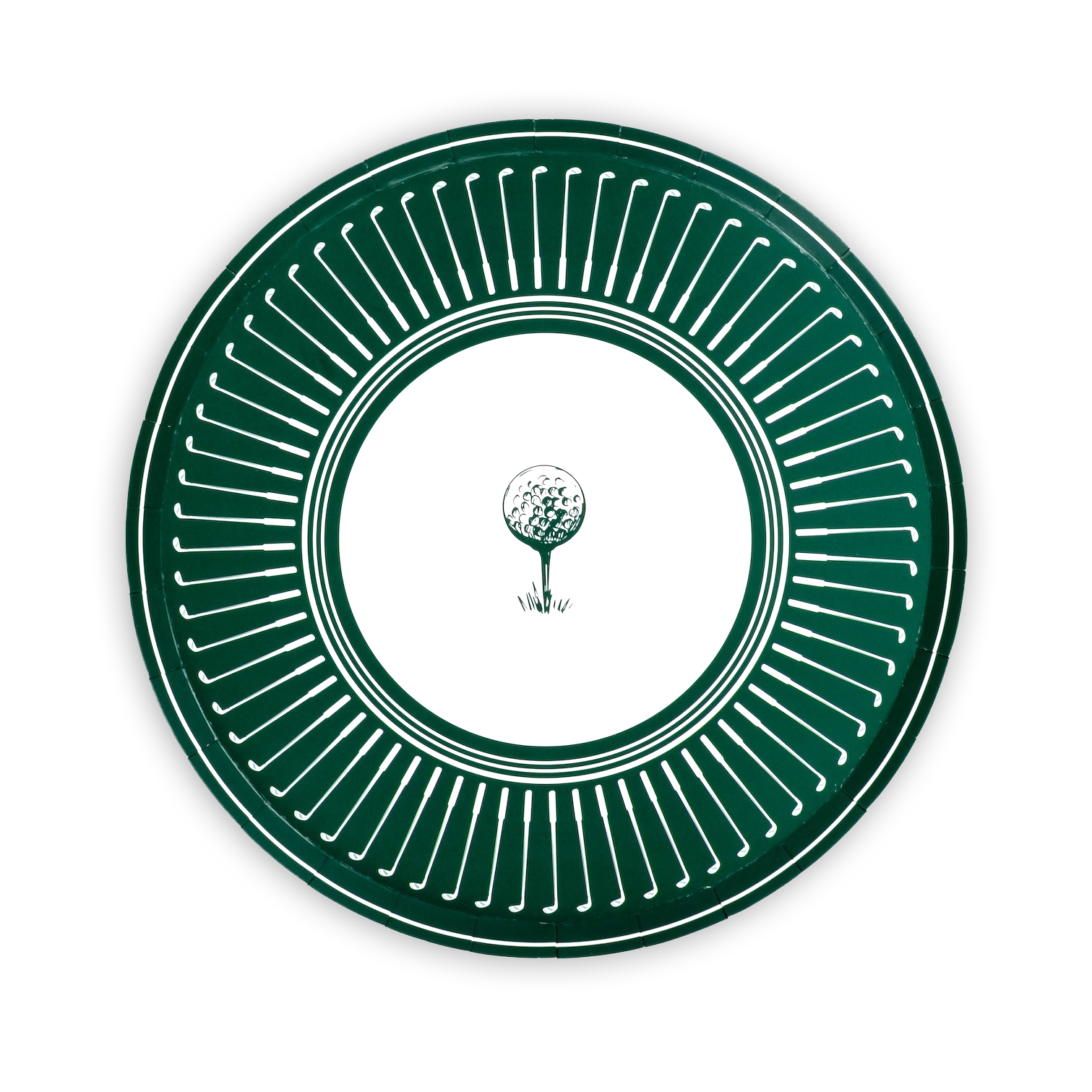 Set of 8 Gatherings by Curated Paperie 10.5-inch golf dinner plates with a green golf course design.