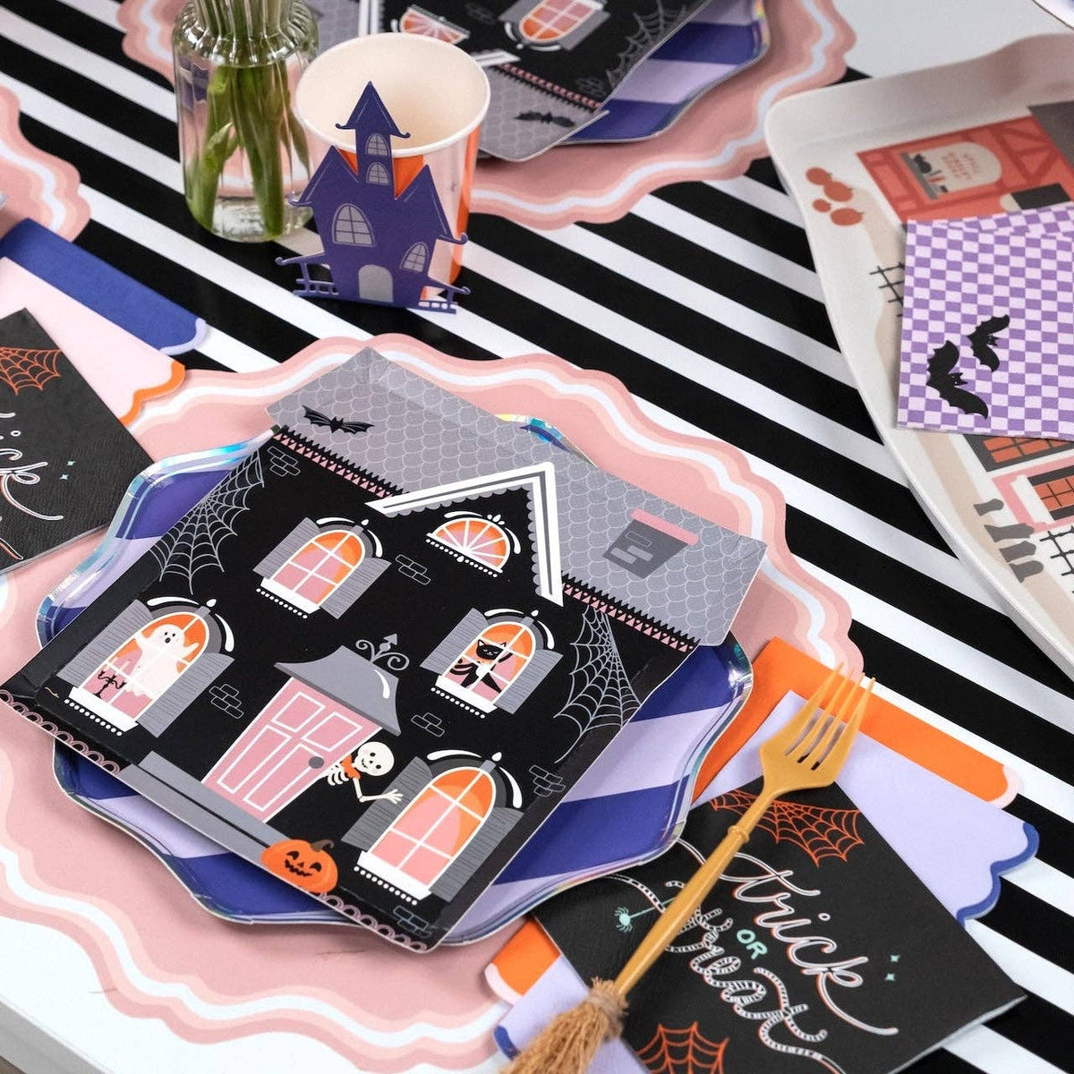Haunted House Halloween shaped paper plates with spooky haunted house design for Halloween party decor by Gatherings by Curated Paperie