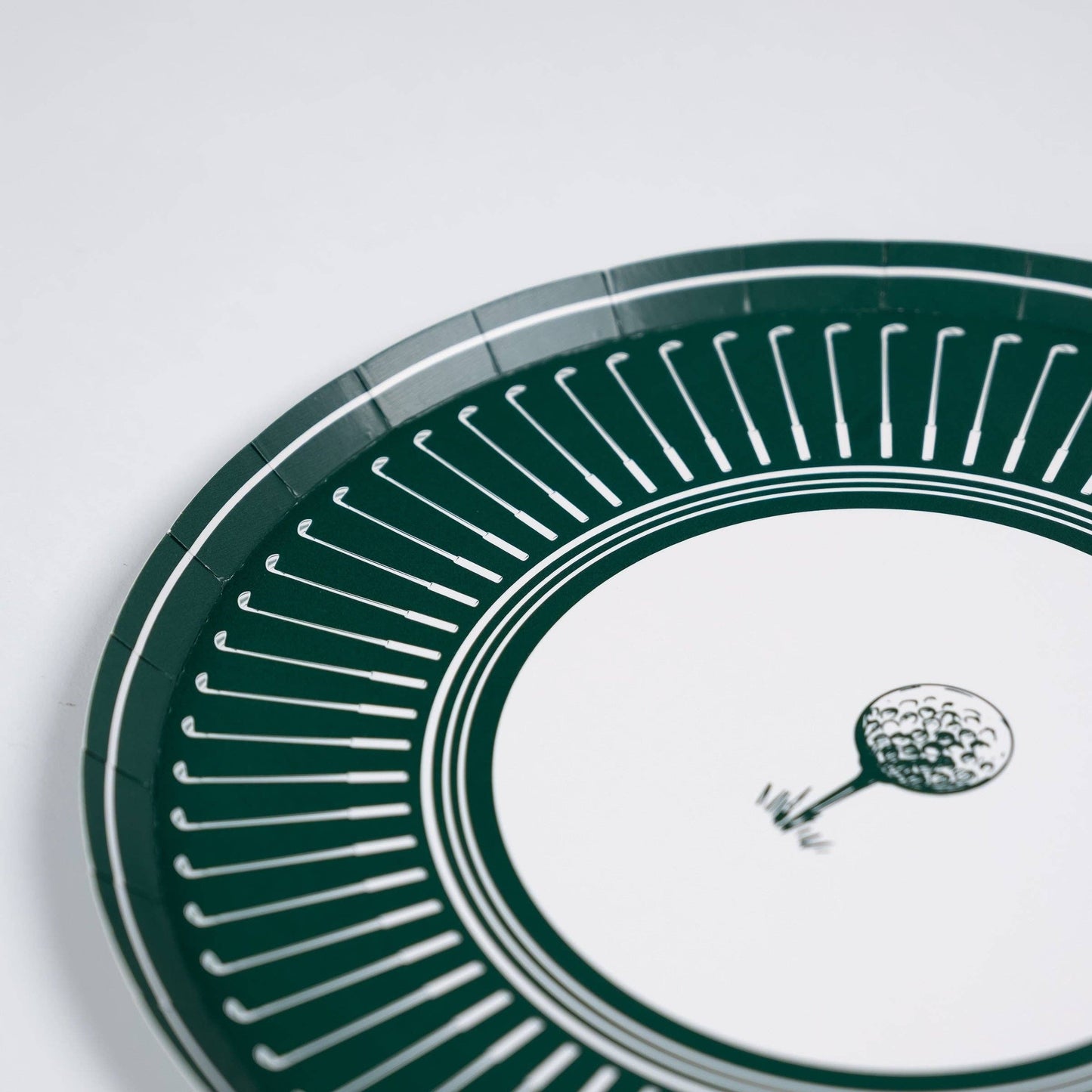 Set of 8 Gatherings by Curated Paperie 10.5-inch golf dinner plates, with a green golf course design, perfect for outdoor dining.