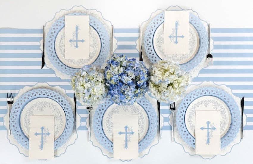 Light Blue Basketweave Dinner Paper Plates - Porcupine Paper Co.