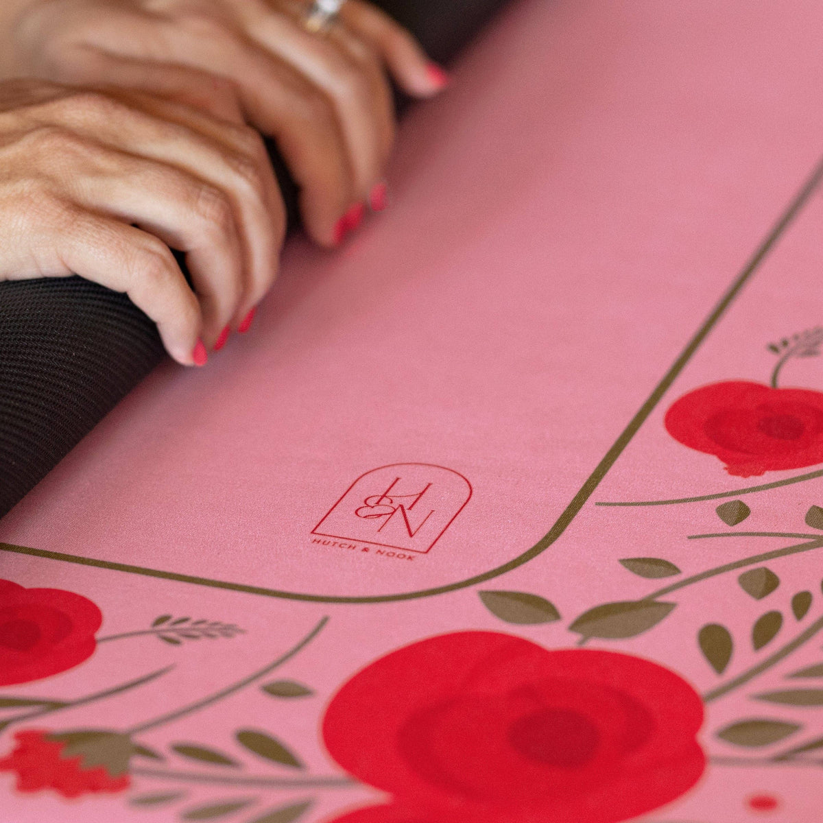 Pink rose-themed Mahjong mat by Hutch and Nook, featuring a soft floral design perfect for game play and decorative use.