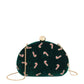 Shiraleah Candy Cane Minaudière in forest green with red and white candy cane pattern, featuring a gold chain strap.