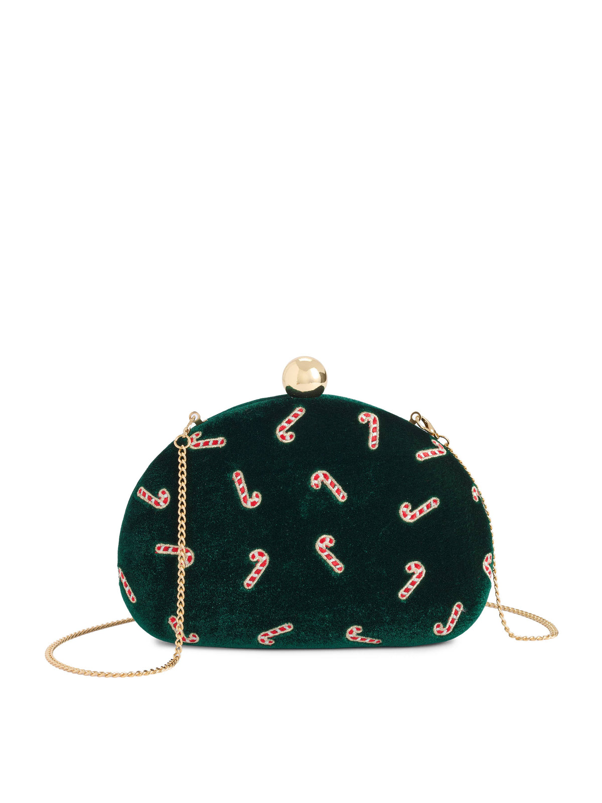 Shiraleah Candy Cane Minaudière in forest green with red and white candy cane pattern, featuring a gold chain strap.