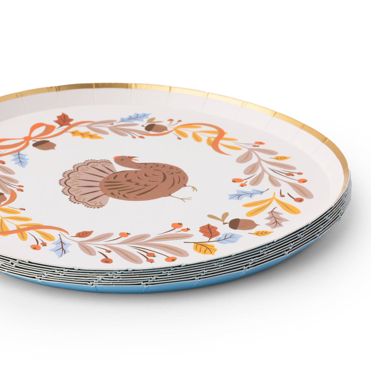 Set of 8 Fall Foliage Turkey Dessert Plates with gold foil accents by Bonjour Fête, featuring autumn-themed turkey designs.