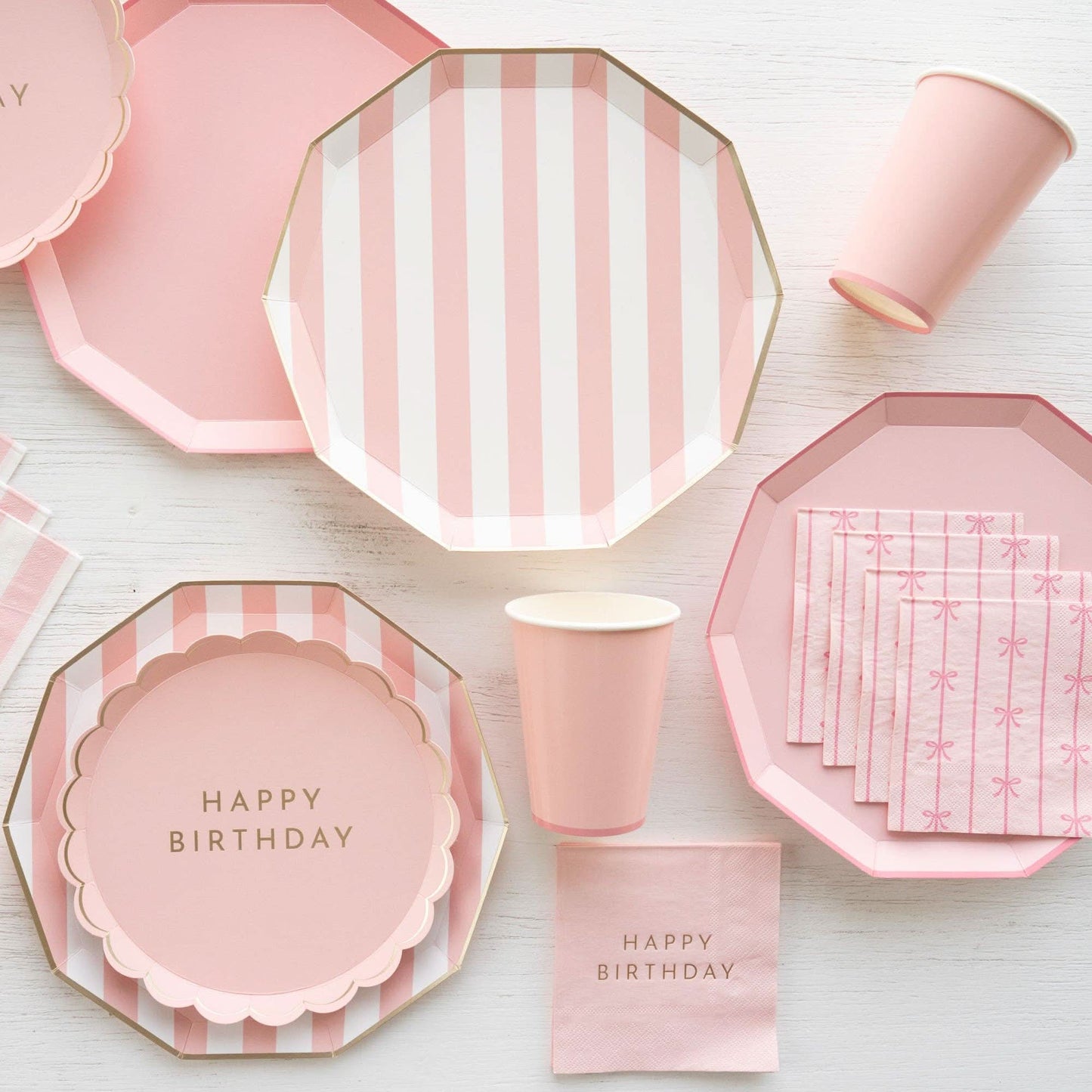 Set of 8 Petal Pink Happy Birthday dessert plates by Bonjour Fête, 8.5-inch paper plates with floral design for birthday celebrations.