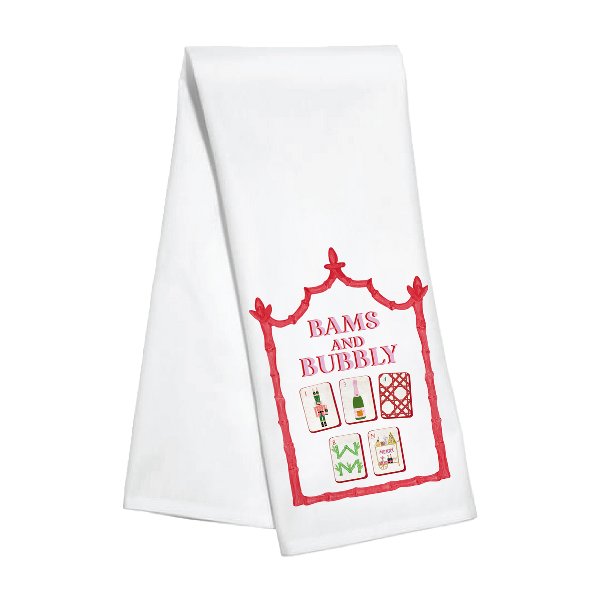 Kitchen towel featuring holiday-themed "Bam's and Bubbly" design by Toss Designs, with festive red and green accents.
