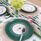 Dark green striped table runner by Gatherings, 18x120 inches, showcasing elegant fabric with subtle stripe pattern on a dining table.