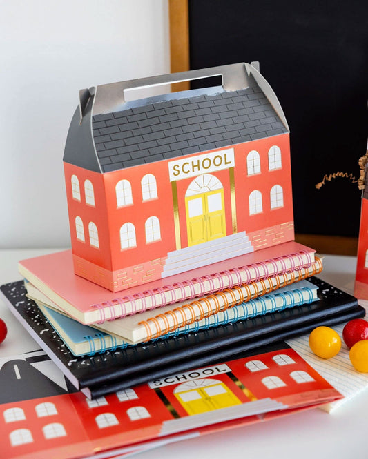 Eight School House Treat Boxes by My Mind’s Eye, featuring colorful school-themed illustrations for party favors or gifts.