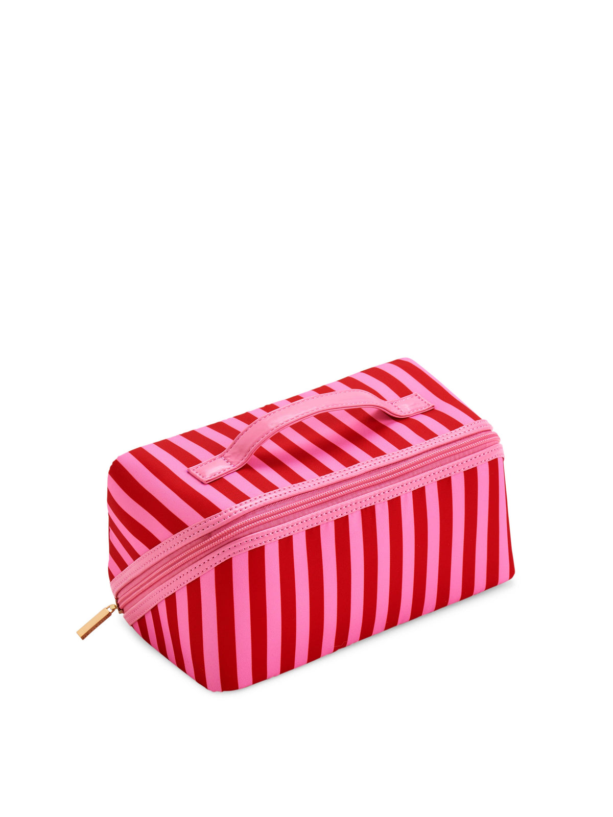 Pink Holly Stripe cosmetic pouch by Shiraleah with a zipper closure, featuring a stylish striped pattern and compact design.