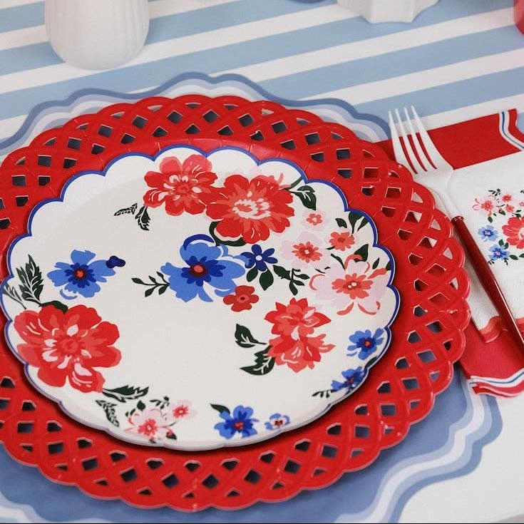 Red Basketweave Dinner Paper Plates by Gatherings Curated Paperie with a woven basketweave pattern on sturdy paper plates.