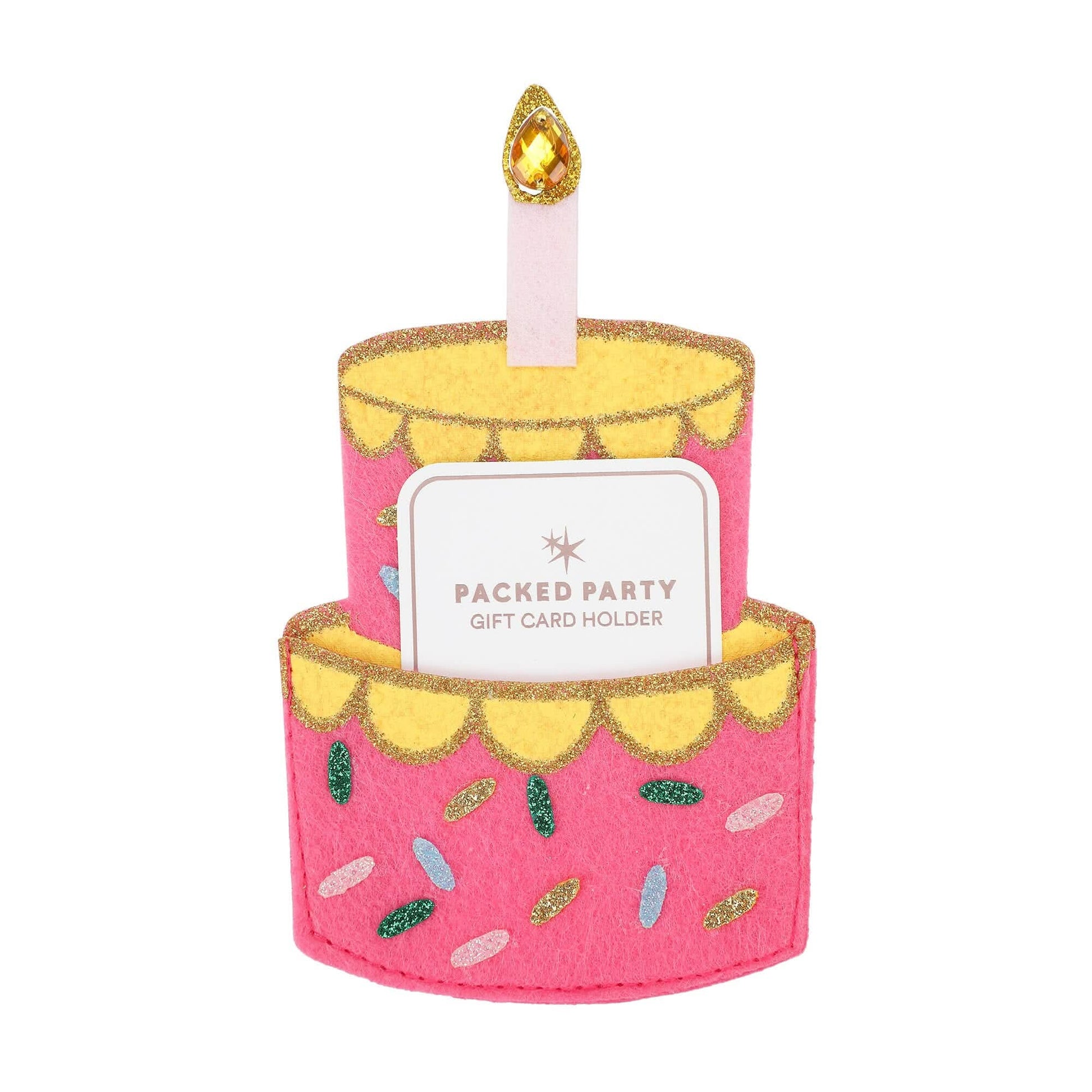 Packed Party birthday cake gift card holder with colorful design and festive details for special celebrations.