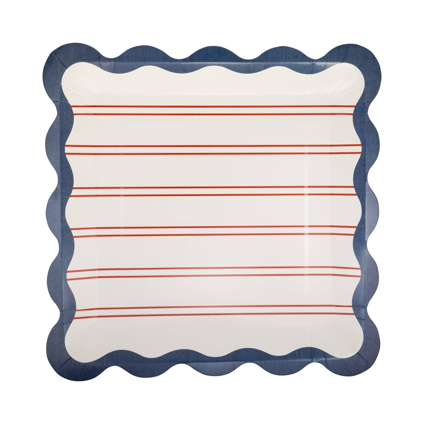 Red stripes paper plate from My Mind’s Eye, 11-inch size, showing a vibrant striped pattern on a round disposable plate.