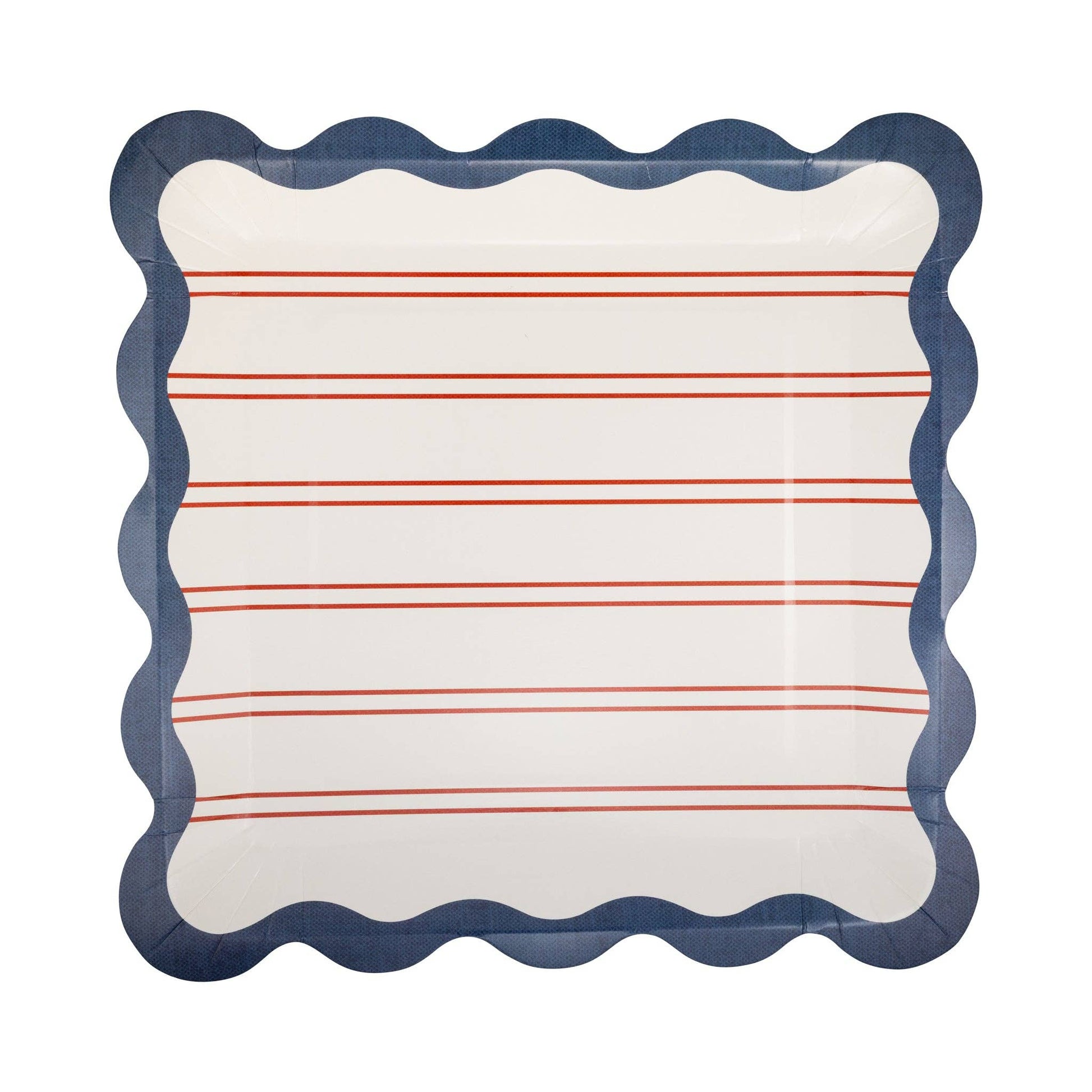 Red stripes paper plate from My Mind’s Eye, 11-inch size, showing a vibrant striped pattern on a round disposable plate.