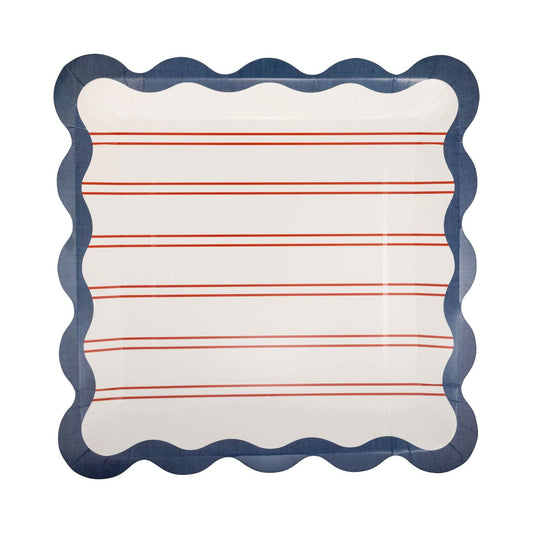 Red stripes paper plate from My Mind’s Eye, 11-inch size, showing a vibrant striped pattern on a round disposable plate.